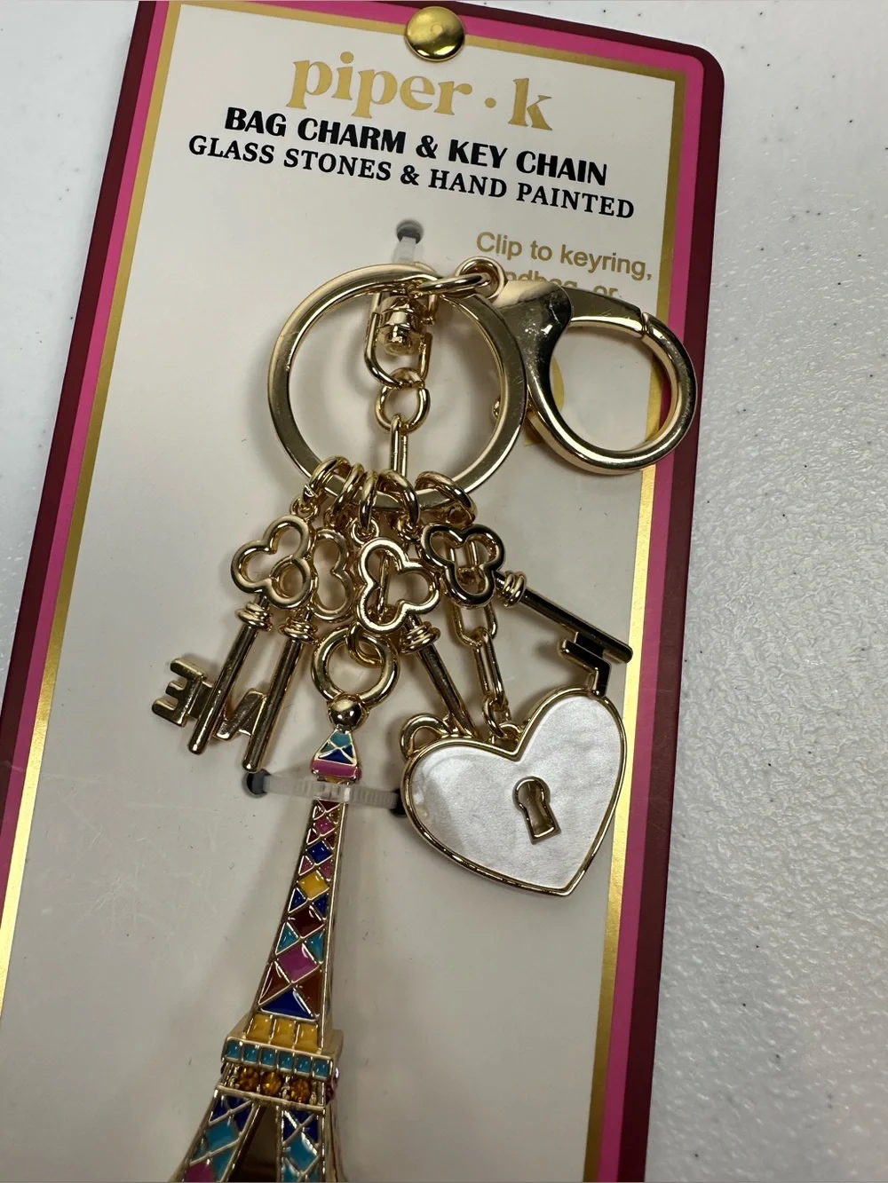 NEW PIPER K‎ PARISIAN DAYDREAM EIFFEL TOWER LOVE HEART GOLD BAG CHARM KEY RING